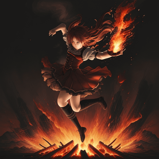 AI generated: anime character is jumping in the screen and holding fire, in the style of richly detailed genre pai...