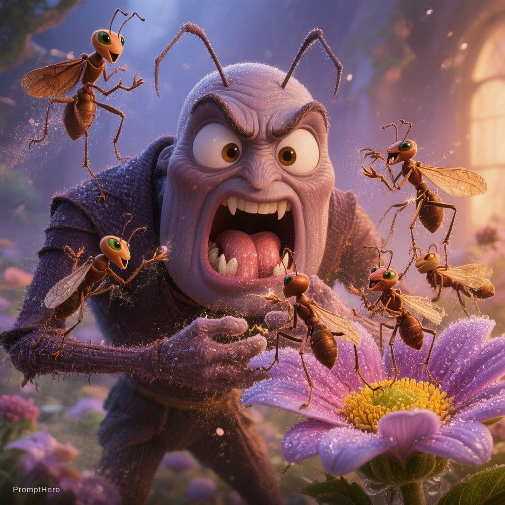AI generated: An animation of several ants working together to defeat a giant villain in a flower.