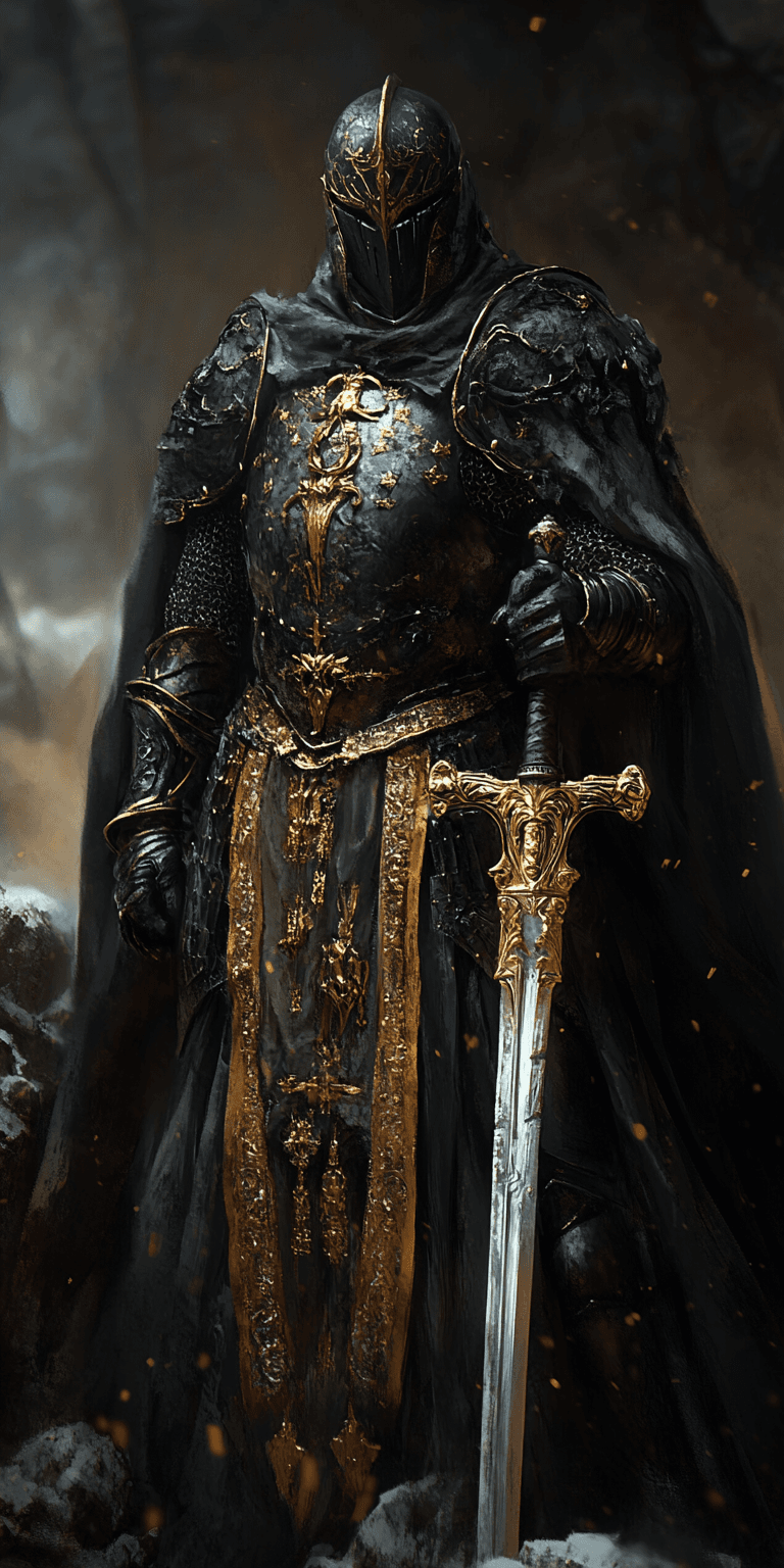 AI generated: A knight in black and gold armor holding his sword, dark fantasy artwork, digital art