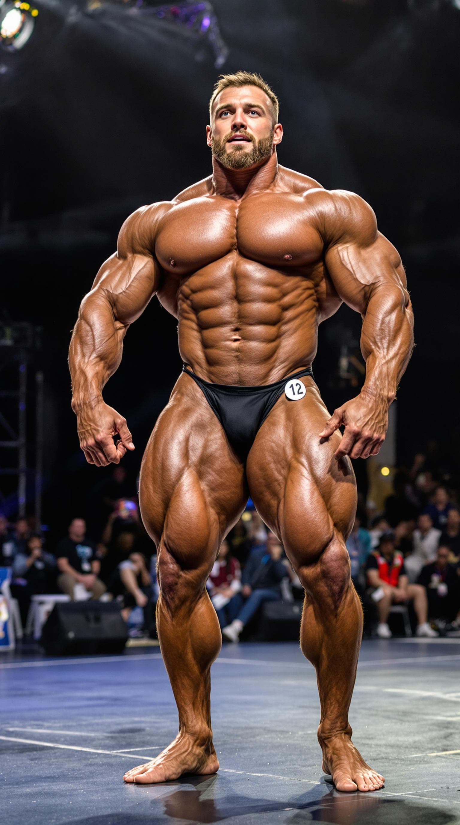AI generated: A gigantic, dry, extremely muscular and hairy American (Caucasian) Classic Physique bodybuilder perf...