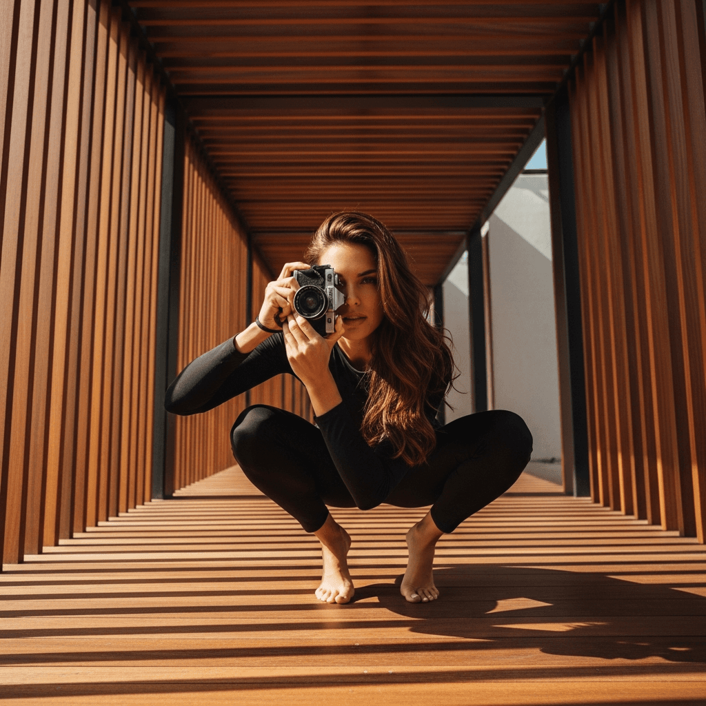 AI generated: Full-body photograph of a glamorous woman in a low, athletic squatting pose, holding a vintage film ...