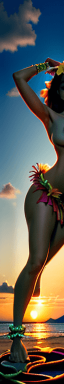 AI generated:  long shot, wide angle, stunning standing brunette woman wearing hula skirt doing Hula Dance, slende...