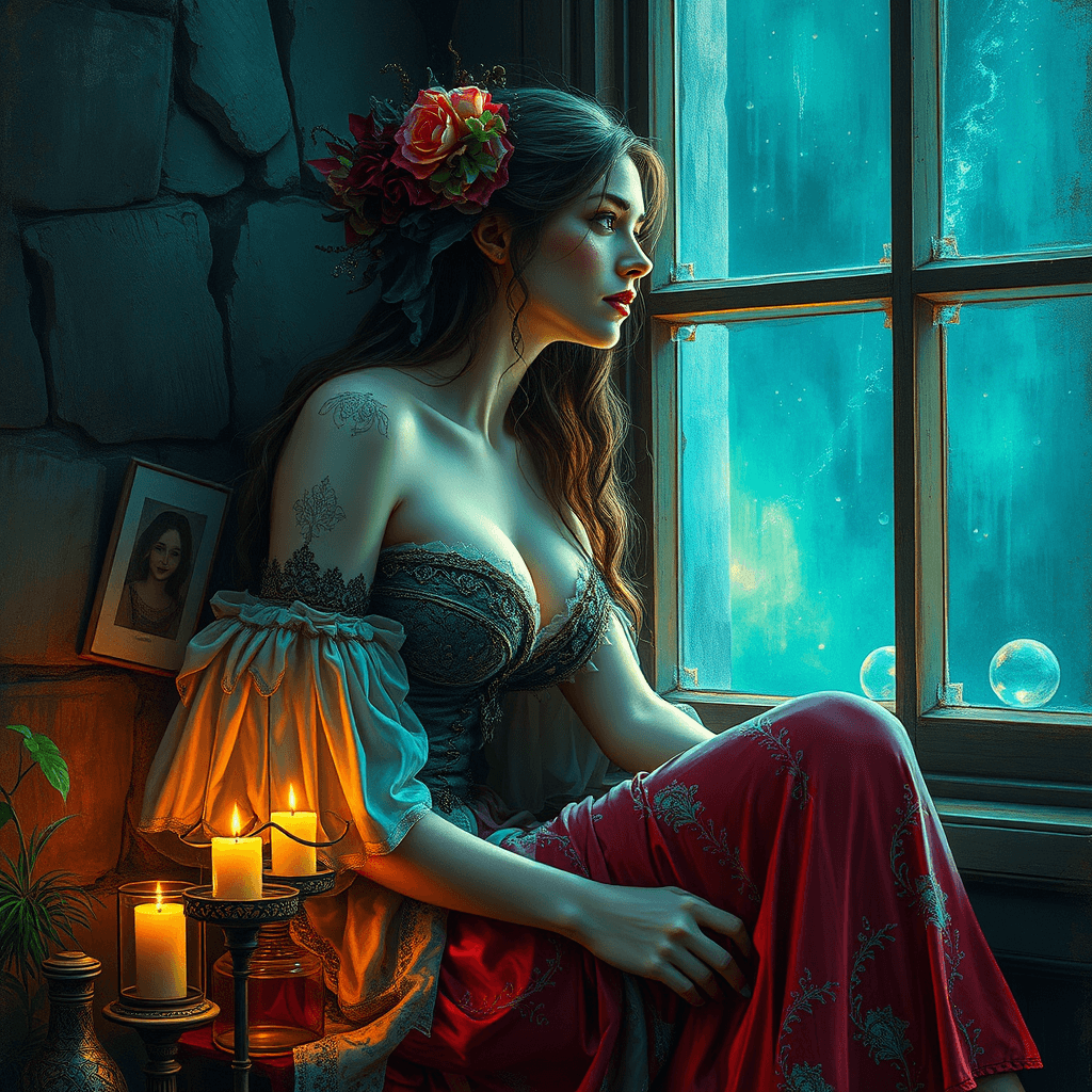 AI generated: a painting of a woman sitting near a window, in the style of stunning women