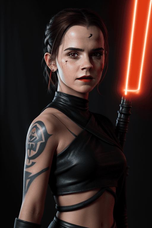 AI generated: Rey Skywalker (Emma Watson face) as sith in  Black Sith outfit, dark red lips, orange eyes from star...