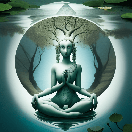AI generated: kabbal tree superimposed over human, sitting in lotus posture, in a lake of  water,  to letting wisd...