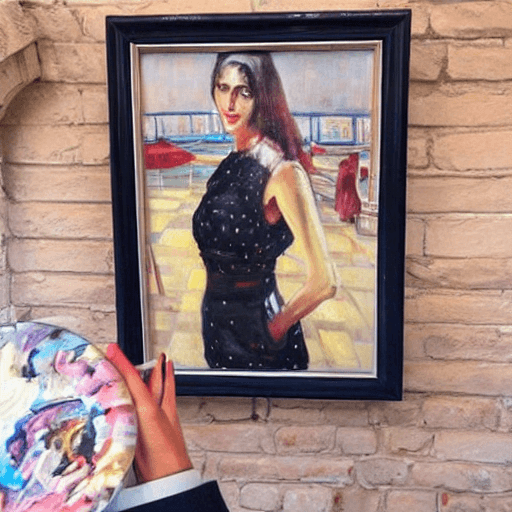 AI generated: beautiful stylish french woman,In oil painting. Busy Cafe 