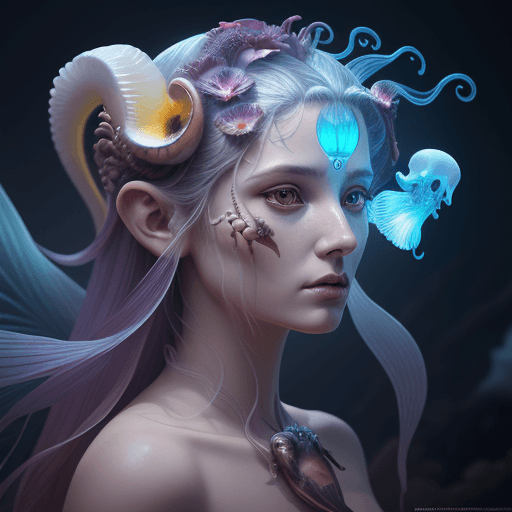 AI generated: Goddess close-up portrait ribcagel. jellyfish phoenix head, nautilus, orchid, skull, betta fish, bio...