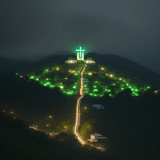 AI generated: a hill full of green trees with a wooden holy cross at the top of the hill, lights from the sky surr...