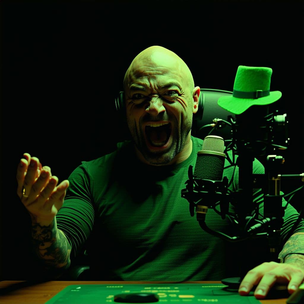 AI generated: Joe Rogan catches a leprechaun breaking onto his set during a podcast and chases after it in a panic...