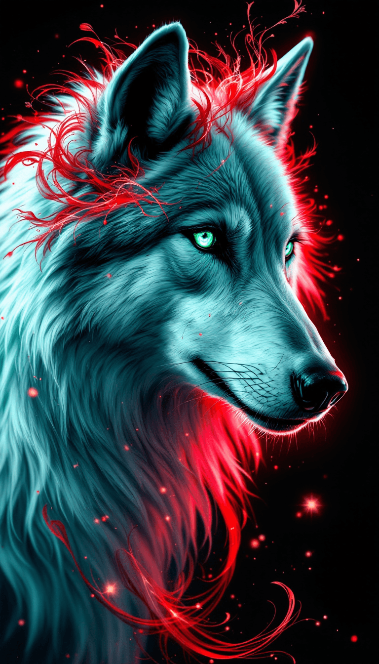 AI generated: a hyperrealistic portrait of a wolf's head, featuring intense green eyes that convey strength and wi...