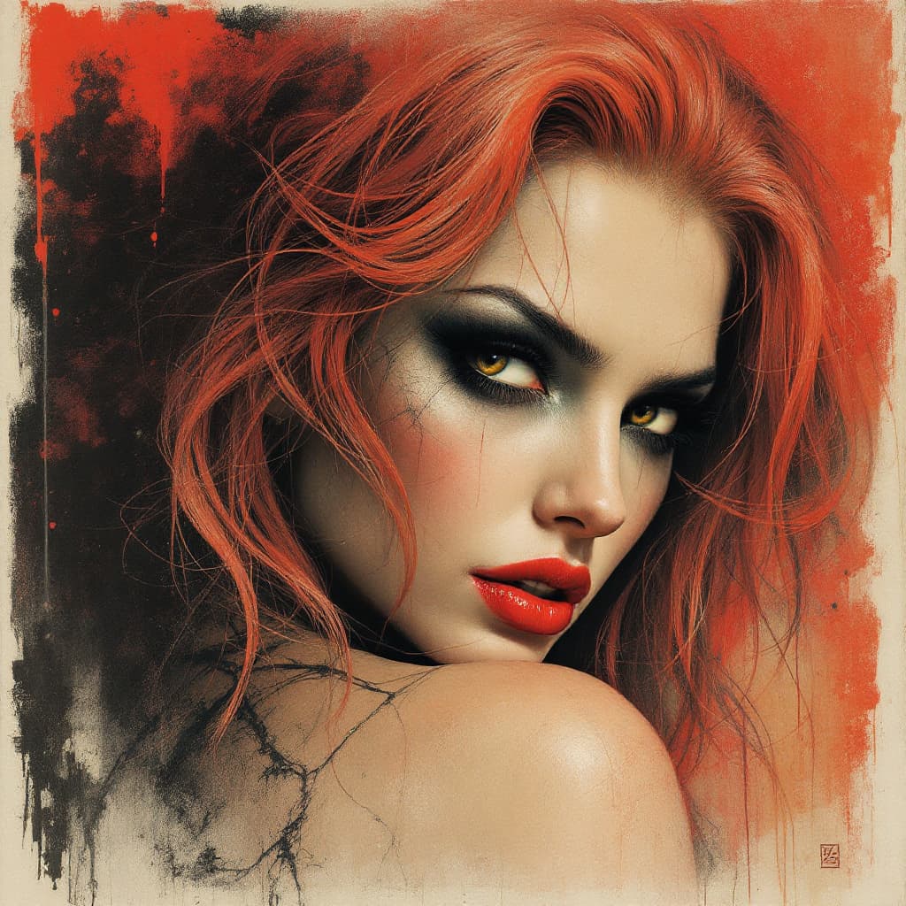 AI generated: Color beautiful female villains, by Royo Sanjulian and Giger 3/4 view, she is looking over her shoul...