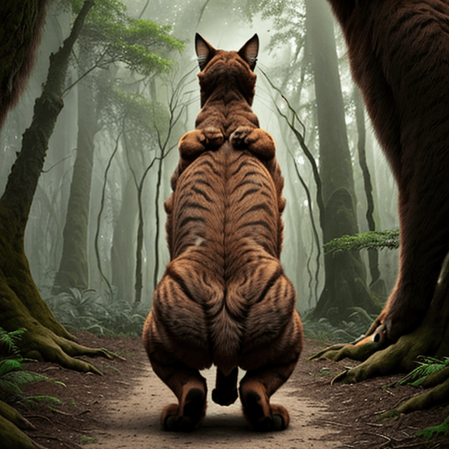 AI generated: back view of a nice, wise, giant brown cat dancing on rare paws in a  prehistoric forest,  back view...