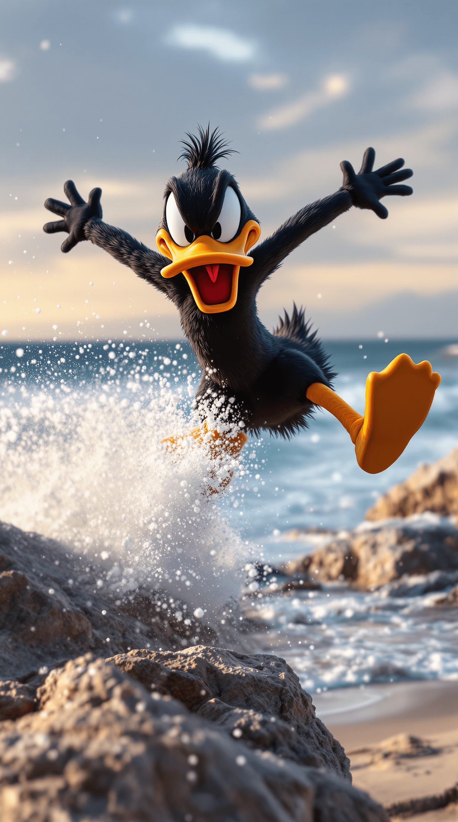 AI generated: Daffy Duck doing parkour on Malibu beach , 8K, colors, Hi-Def, dynamic