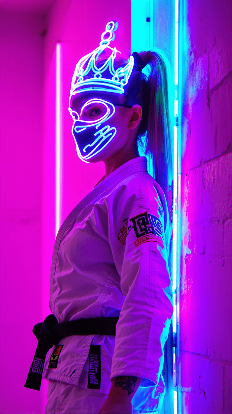 AI generated: A female jiu-jitsu athlete captured in a dynamic back pose, surrounded by graffiti-style motion trai...