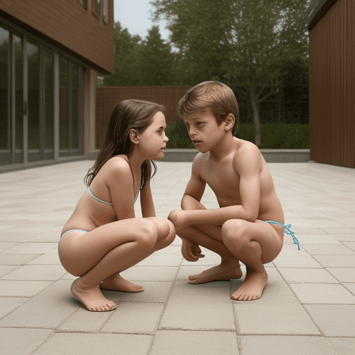 AI generated: Hyper realistic eye level exterior photo of a young girl and a boy touvhing each others crouches sma...