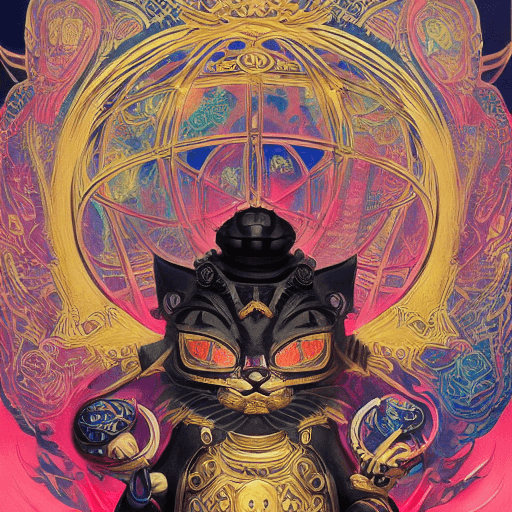 AI generated: maneki neko + cyberpunk + gothic + mythological + Tarot Card + Angelarium + By Peter Mohrbacher + By...