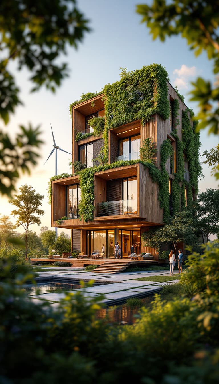 AI generated: Eco-friendly building, reclaimed wood accents, living green walls, bamboo flooring, low-carbon concr...