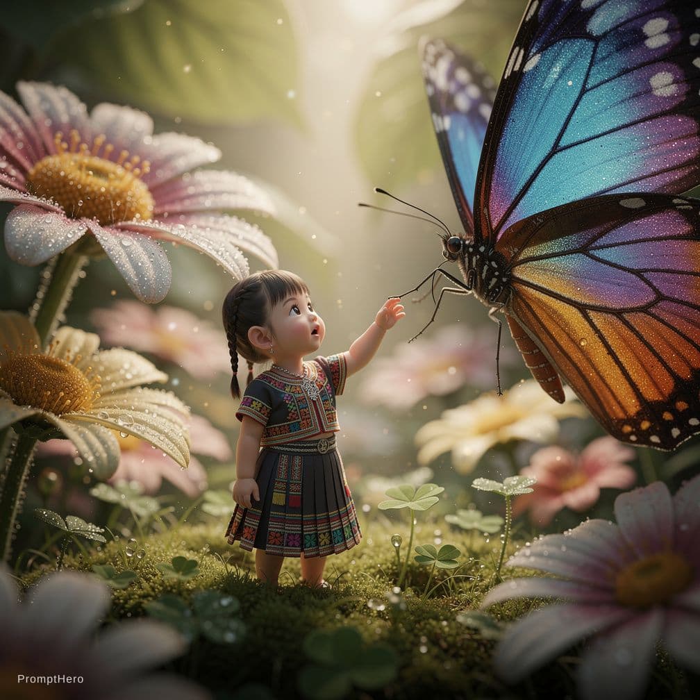 AI generated: very little Hmong girl in a macro fairy world, giant butterfly to one side of the girl, giant flower...