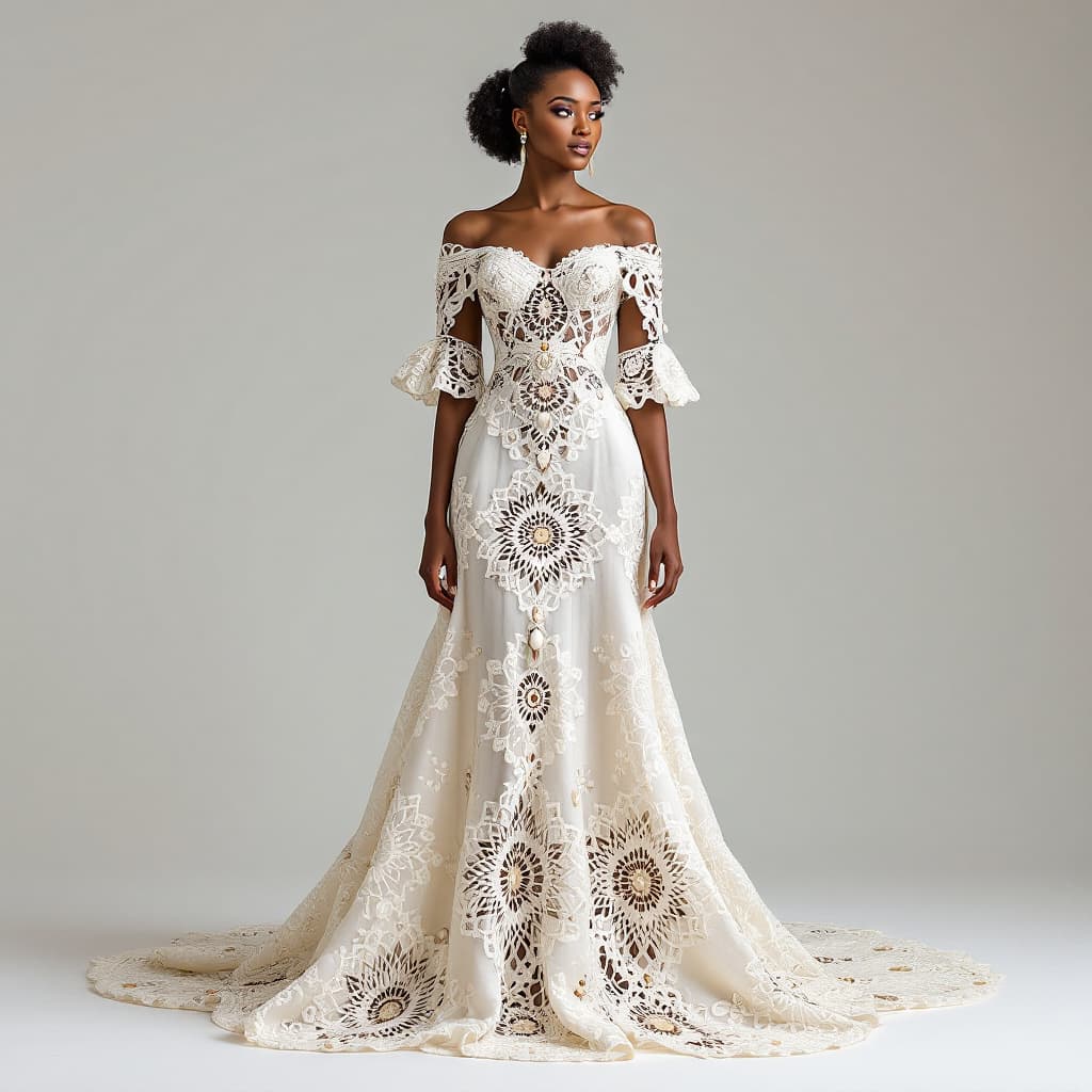 AI generated: "An elegant African-inspired wedding dress made entirely of crochet. The dress features intricate an...