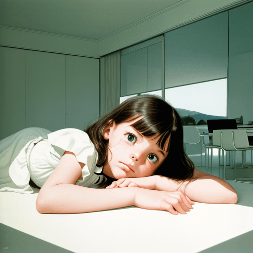 AI generated: Realistic eye level photo of a 7 year old girl in an empty white room looking at the front,  lying o...