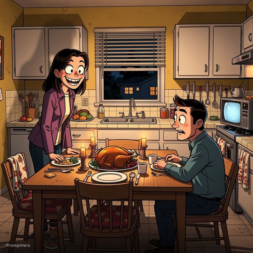 AI generated: Illustrated cartoon horror scene of a cozy Thanksgiving dinner inside a small 1990s California apart...
