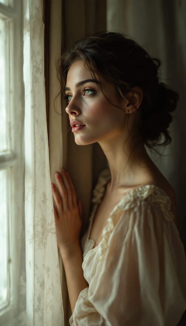 AI generated: A nostalgic and romantic portrait of a wistful Italian woman. She gazes out of a window, a gentle br...