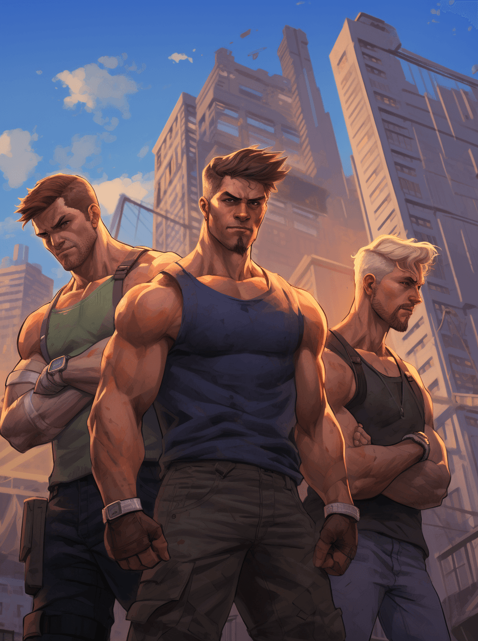 AI generated: Four men standing in front of a city looking like they are working out, in the style of devilcore, i...