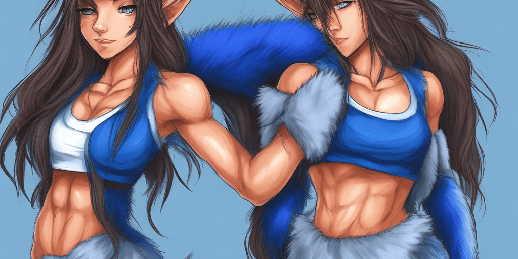 AI generated: Fox Girl, Muscular, Blue Fur, Tank Top, Long Hair