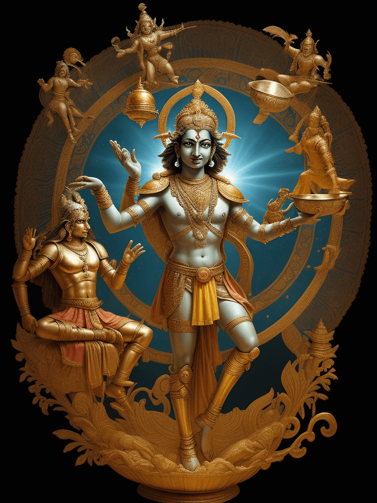 AI generated: epic battle mahabharata hindu, Krishna stands contemplating with serenity  and light arround him, Ar...