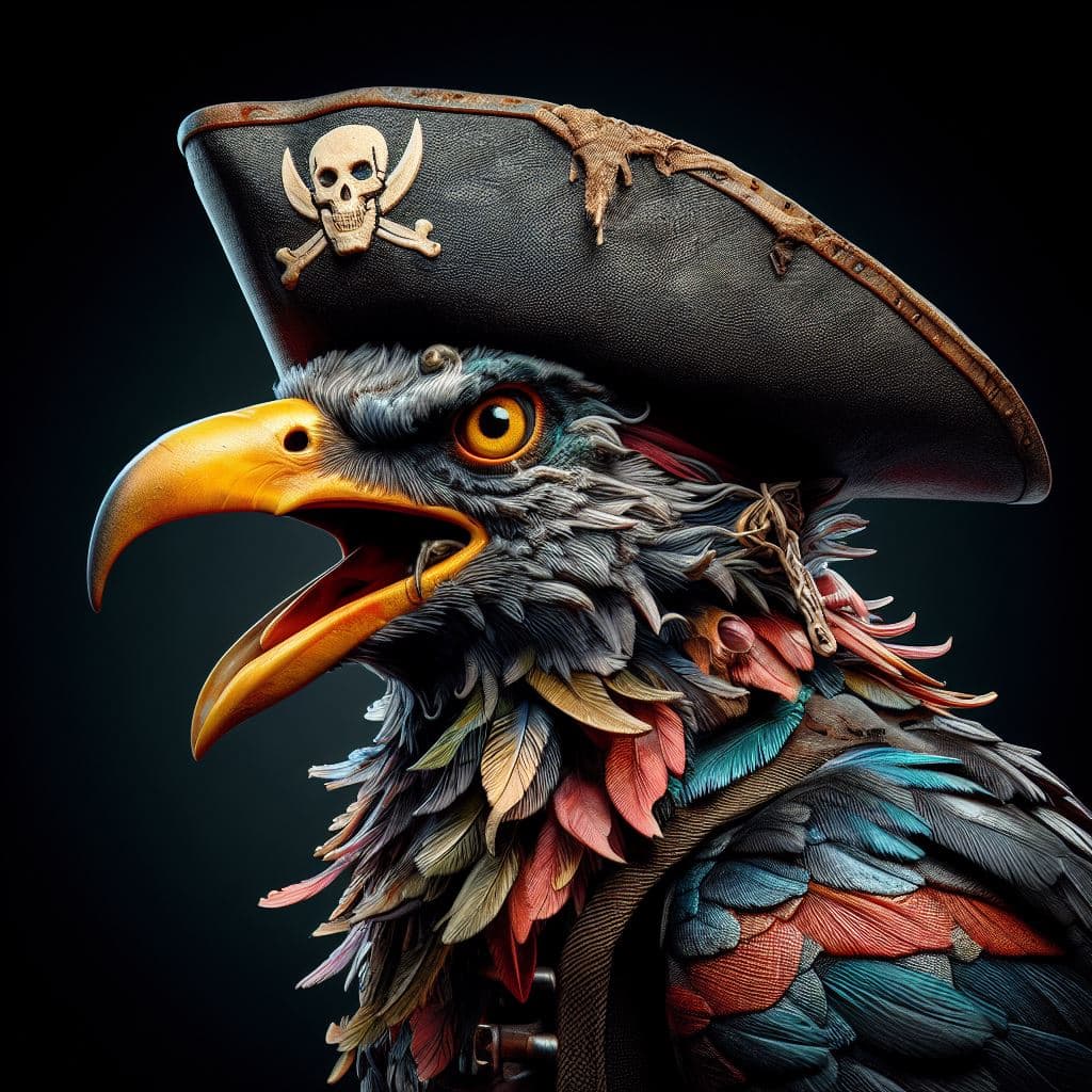 AI generated: Anthropomorphic pirate seagull in dynamics, highly detailed, packed with hidden details, style, high...
