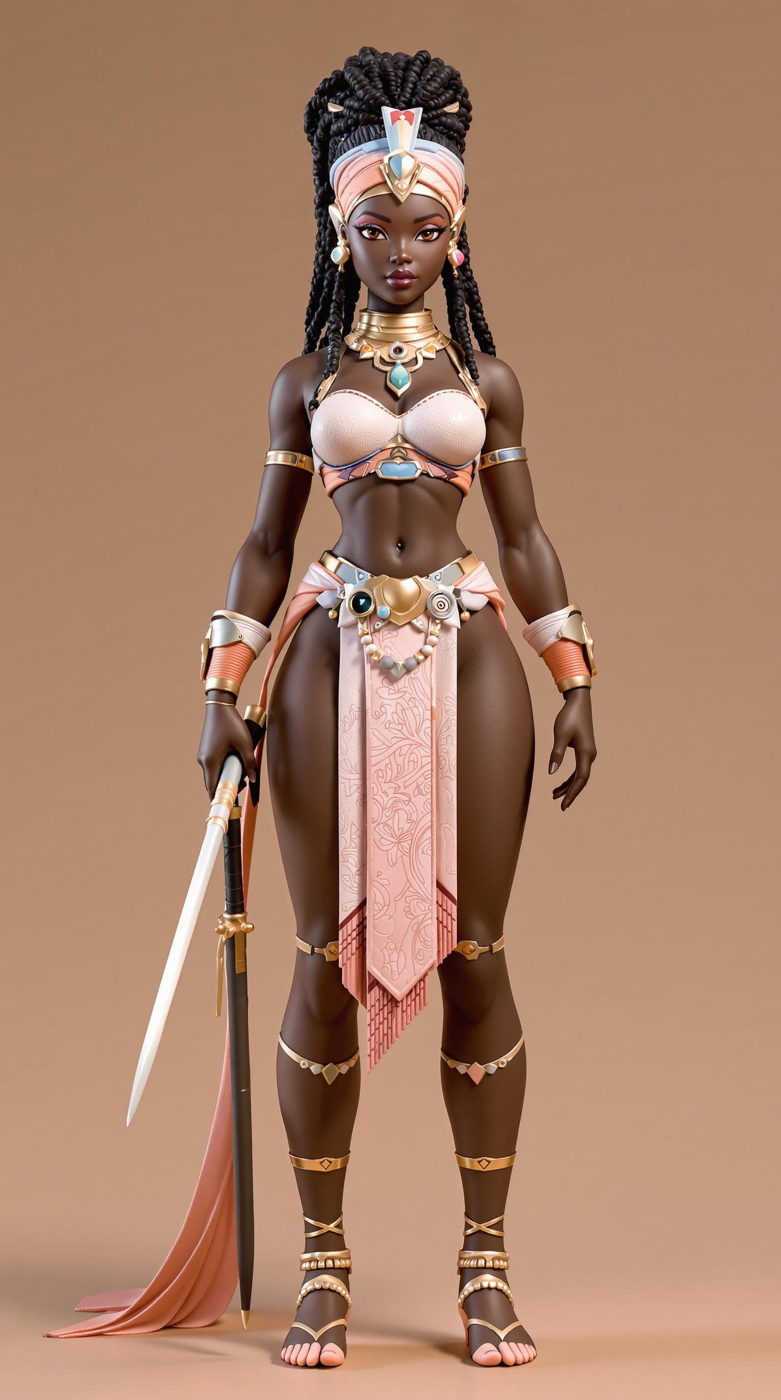 AI generated: beautiful fit and slim dark skinned African ebony warrior princess, seen standing full height, head ...