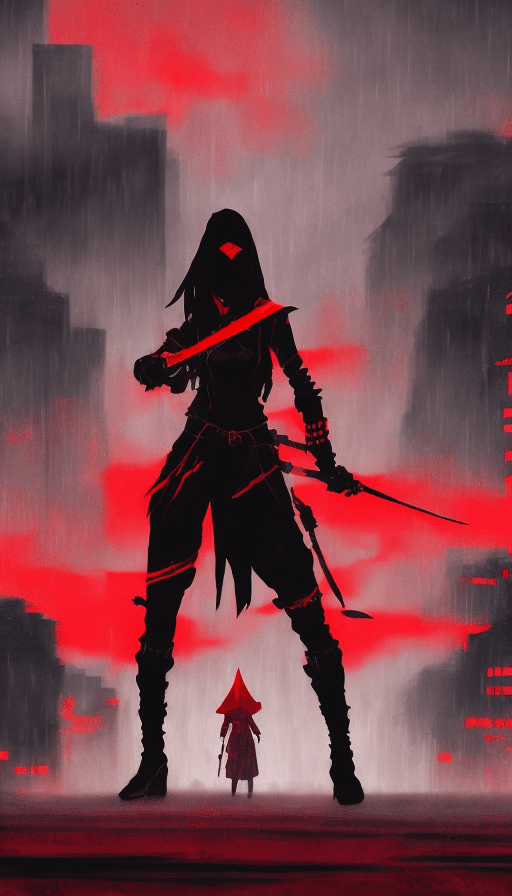 AI generated: a female assassin ninja in red and black ninja outfit, at night, black and red buildings , dark fogg...