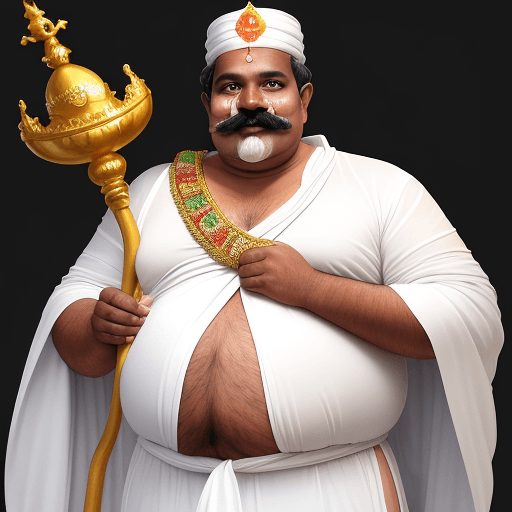 AI generated: A jolly, middle-aged Kerala man with a large mustache and a crown on his head, has a fat stomach, we...