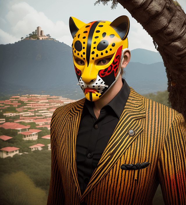AI generated: jaguar helmet type mask with jaguar-style spots, wooden mask, fine wood details, zoque inspiration, ...