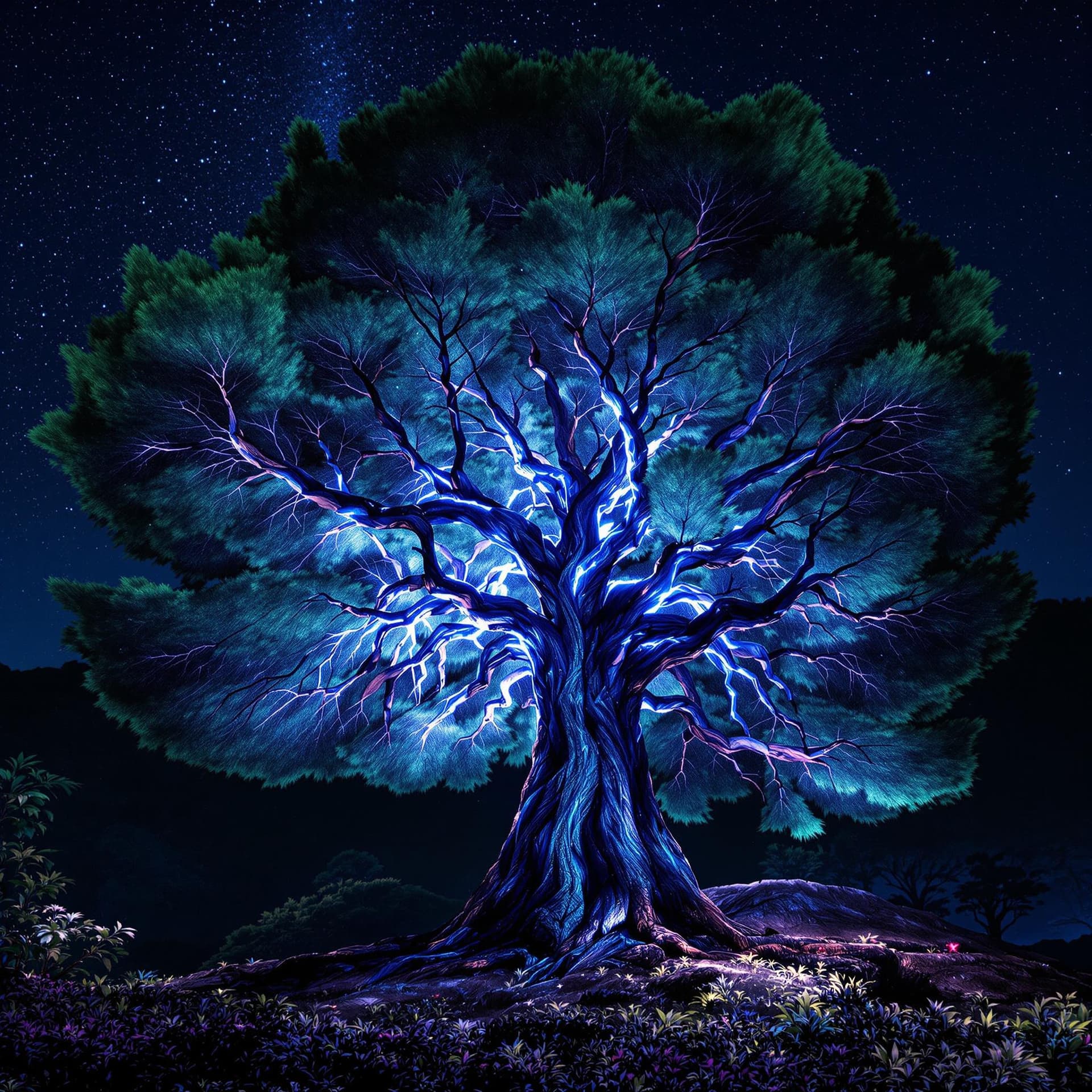 AI generated: a magnificent and harmonious cedar of Lebanon, symbol of peace and beauty, at night starry and beaut...