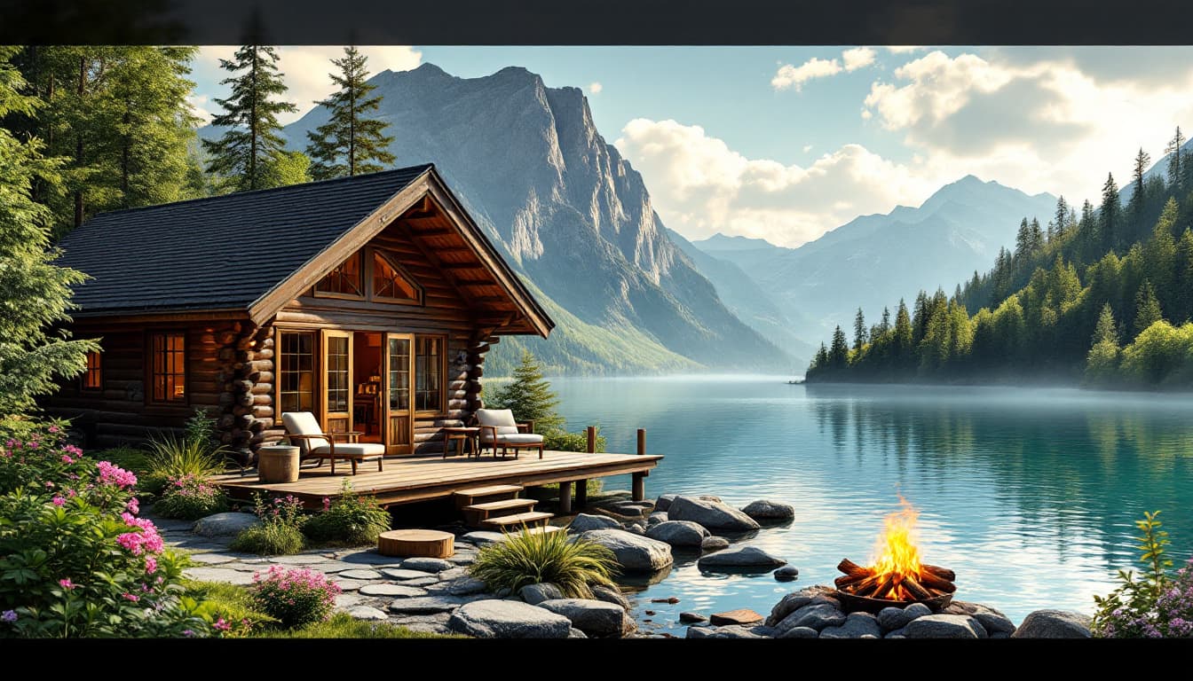 AI generated: A picturesque log cabin sits on a lakeshore, nestled in a lush green valley framed by mountains. The...