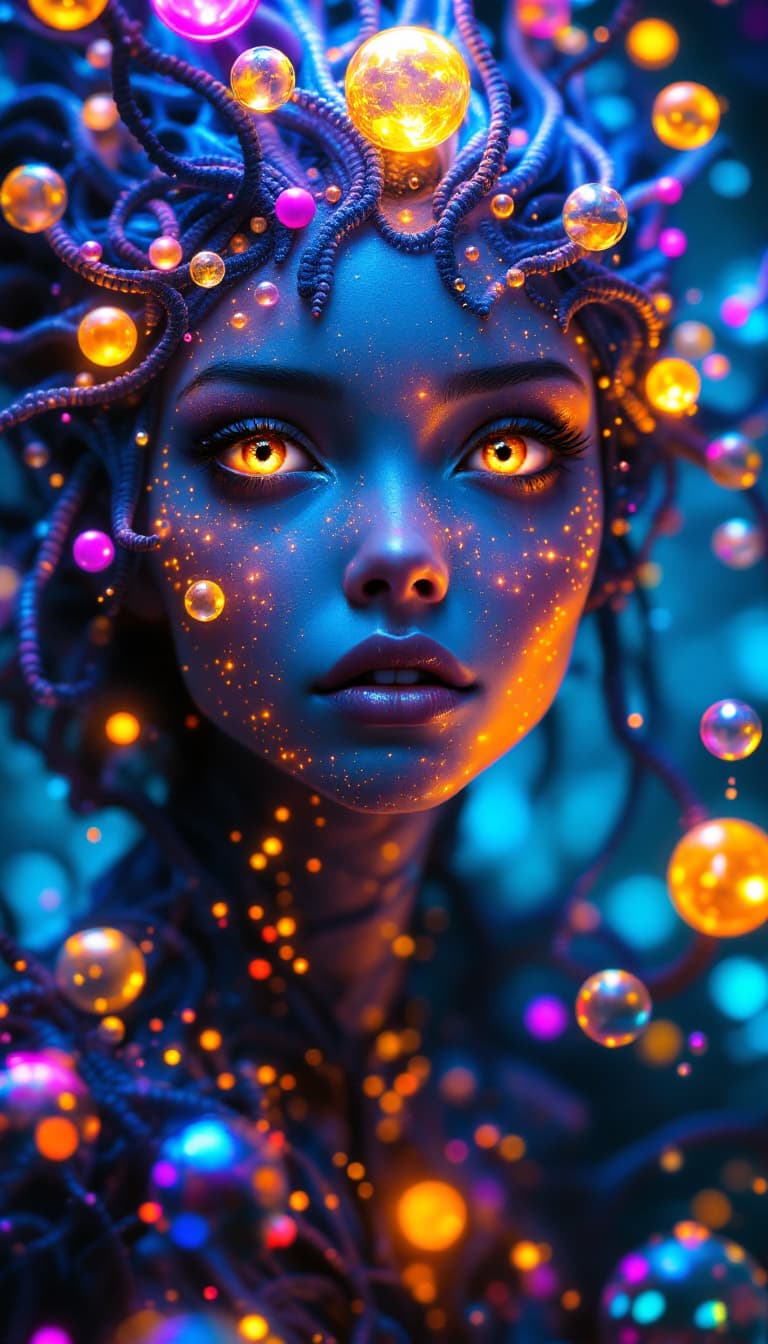 AI generated: Surreal 4k painting of an alien princess with expressive brown eyes and cosmic features. Her skin ap...
