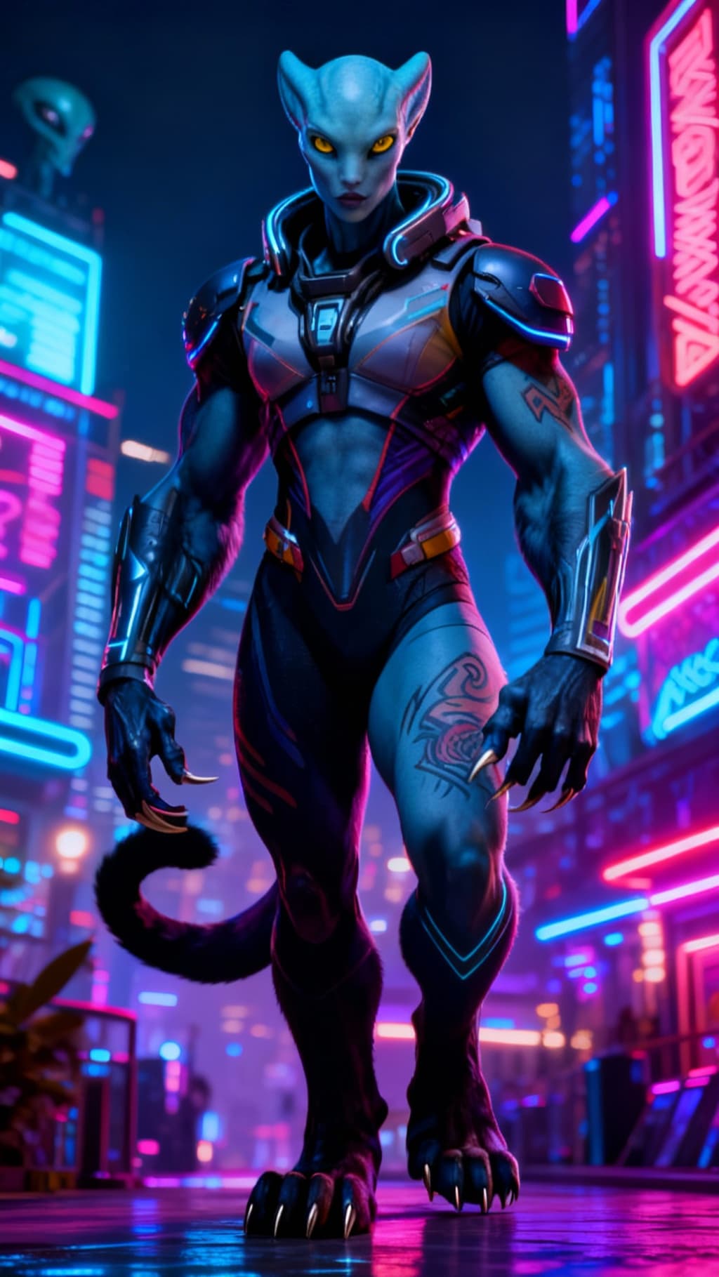AI generated: Blend anthropomorphic to create a new anthropomorphic, alien hybrid. Give a Nightlife backdrop, and ...