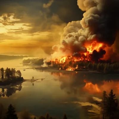 AI generated video: The camera flies over a lake towards a forest fire