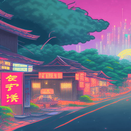 AI generated: anime cartoon style painting of an idyllic japanese house with neon signs in the country side with l...