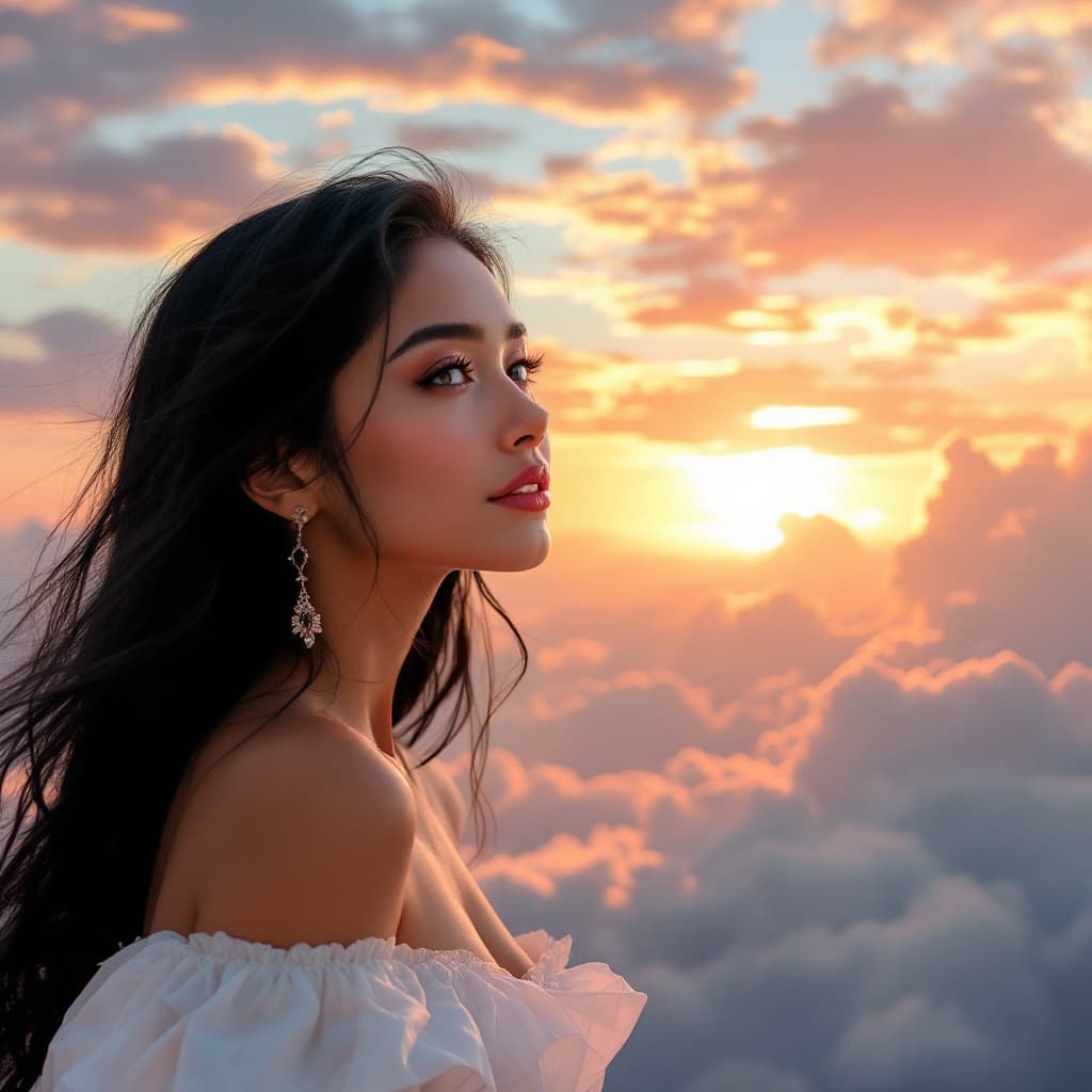 AI generated: In an evening sky with a beautiful sunset, I saw my angel floating above, with her white wings, blac...