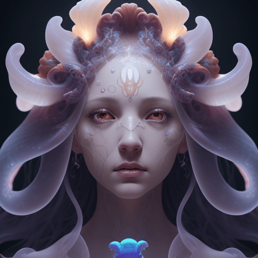 AI generated: Goddess close-up portrait ribcagel. jellyfish phoenix head, nautilus, orchid, skull, betta fish, bio...