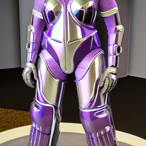 AI generated: shiny lavender and chrome colored ultra-futuristic and ultra-streamlined female armored super suit w...