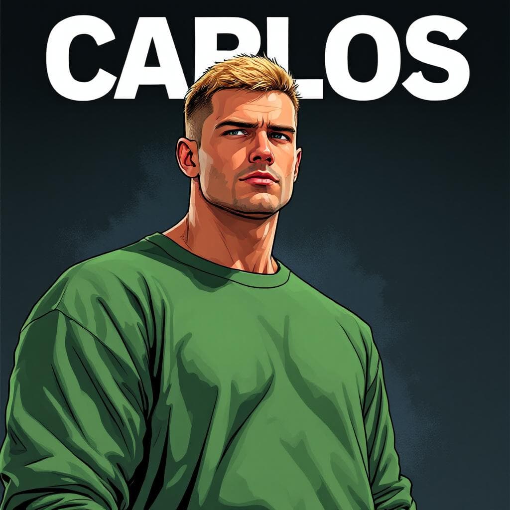 AI generated: Cartoon illustration, comic book cover featuring a handsome blond Russian man, burst taper hairstyle...