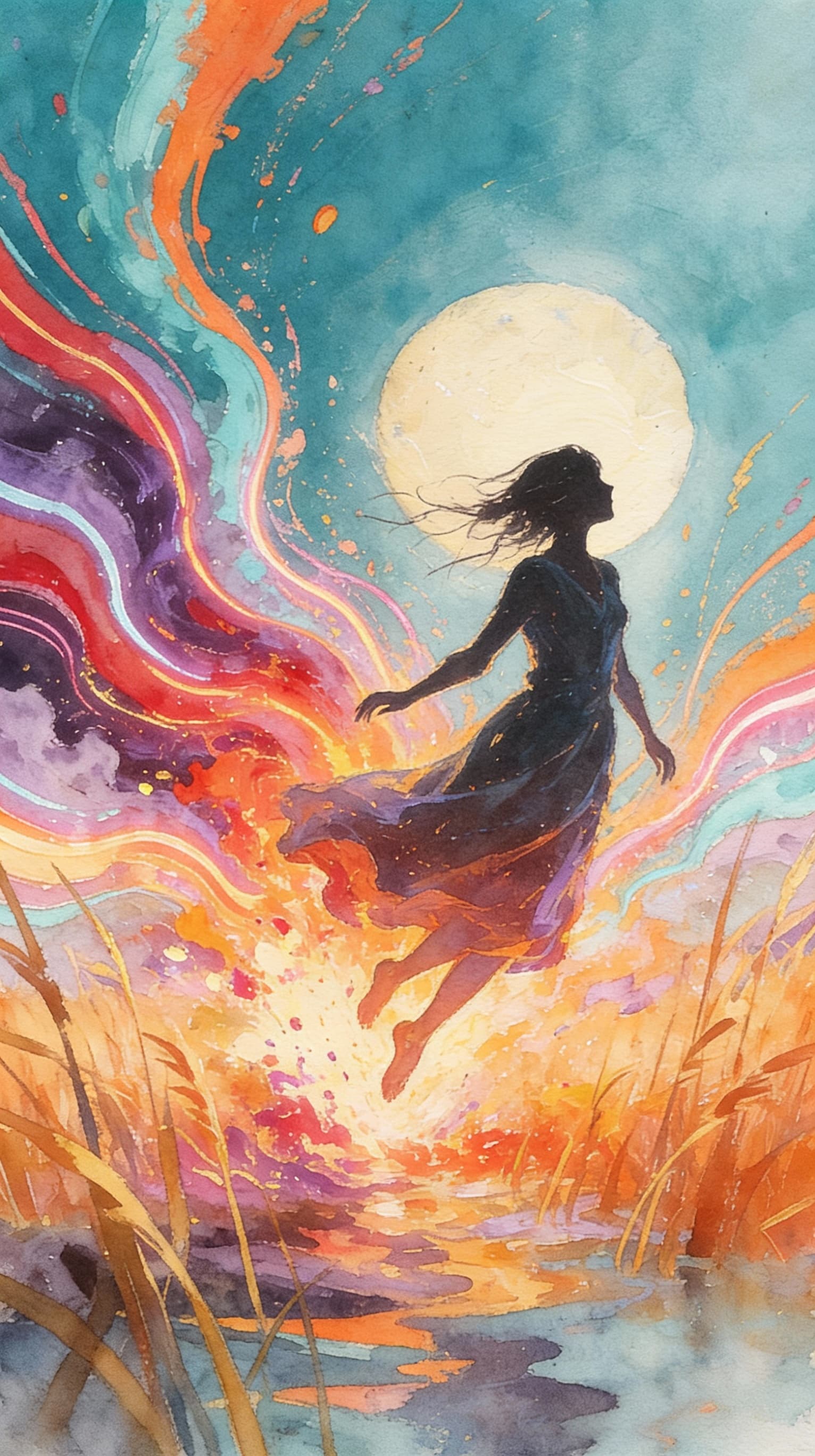 AI generated: artistic, water painting style, art piece showing a lone figure falling into an explosion of vibrant...
