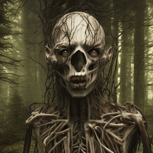 AI generated: An emaciated creature in the woods, ghoul, unholy, creepy, horror, dark, intricate design and detail...