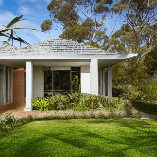 AI generated: High resolution photography of front view of modern Australian bungalow, formal garden, 
magazine, c...