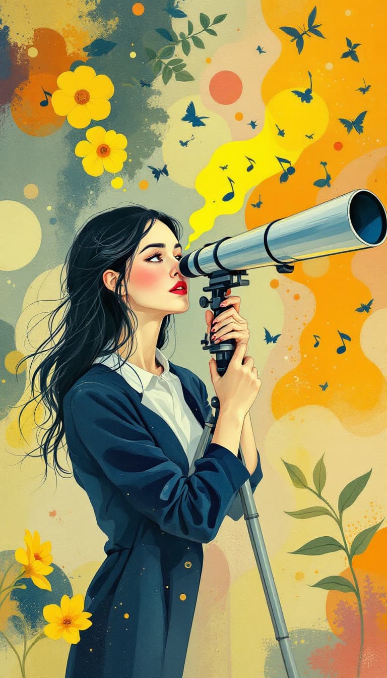 AI generated: Gouache Painting, Opaque Colors, Flat Surfaces, Whimsical, Woman Holding a Telescope Observing, Curi...