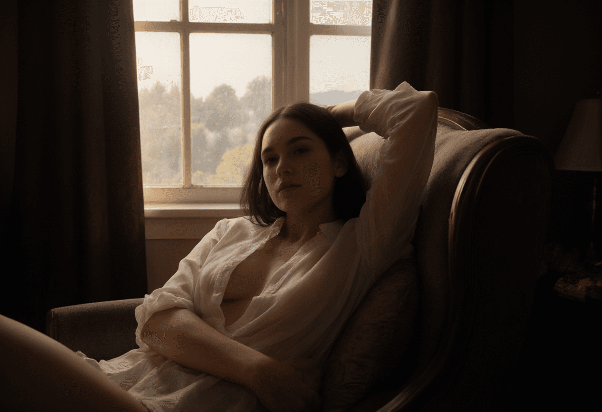AI generated: A woman reclines in a dimly lit room, her body partially illuminated by soft, diffused light streami...