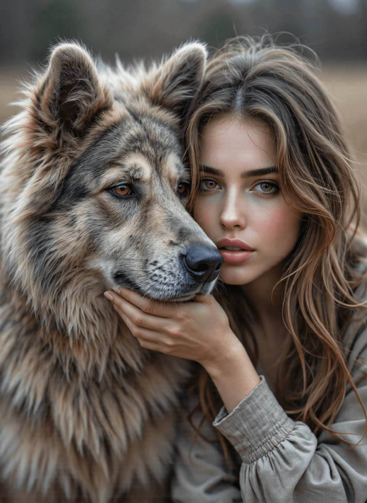 AI generated: The image depicts a close-up ((side profile)) of a pretty woman and a large dog. The woman has long,...